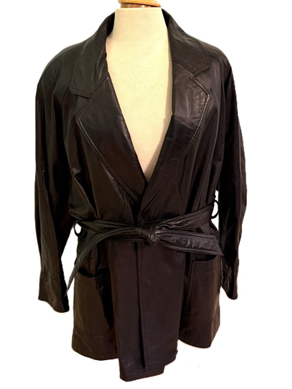 Wilsons Leather Trench Coat Womens XL Black Belted Thinsulate Lined Mid Length
